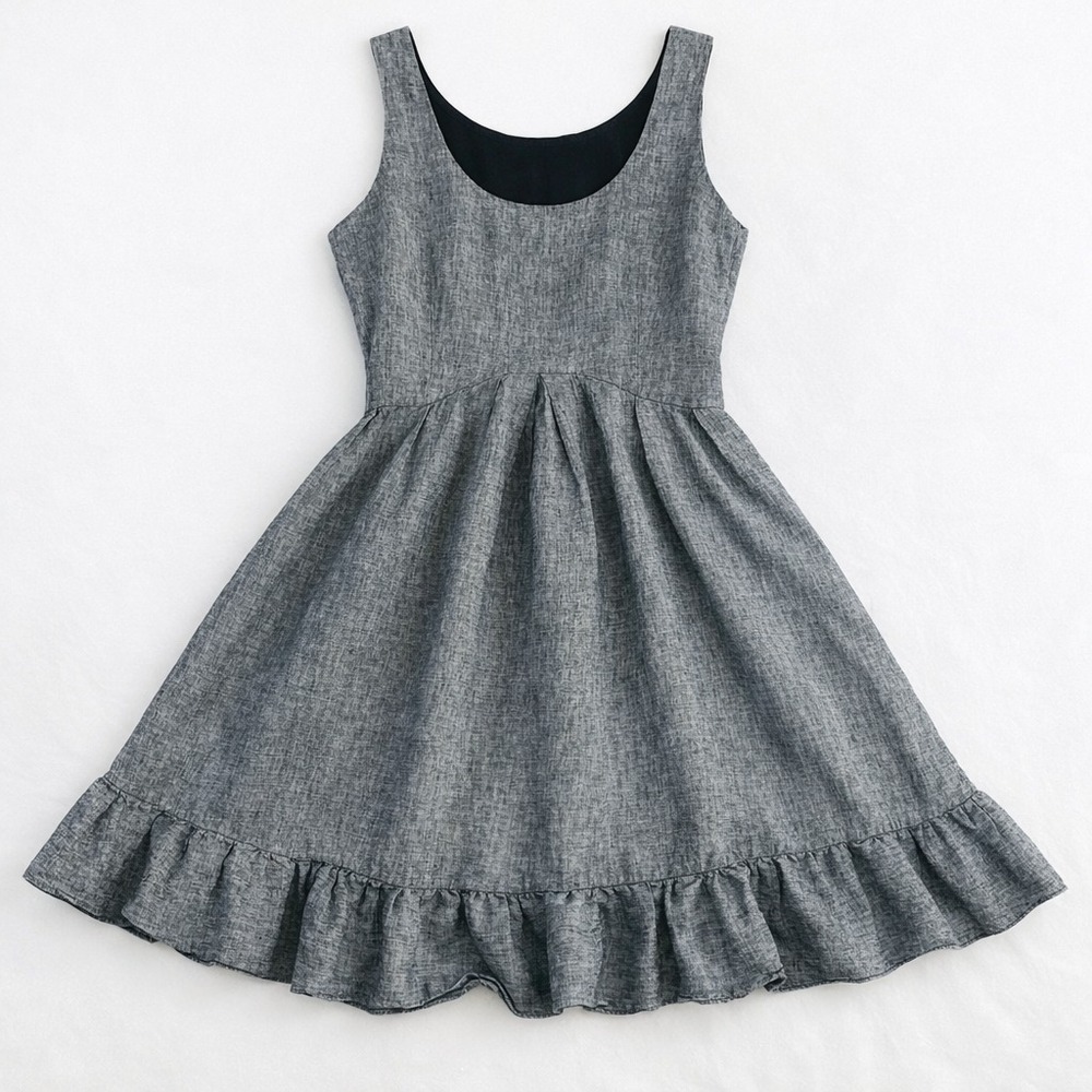 Cynthia Rowley 100$% Linen Mini Dress Women Sz 6 Gray Ruffles Sleeveless Coastal